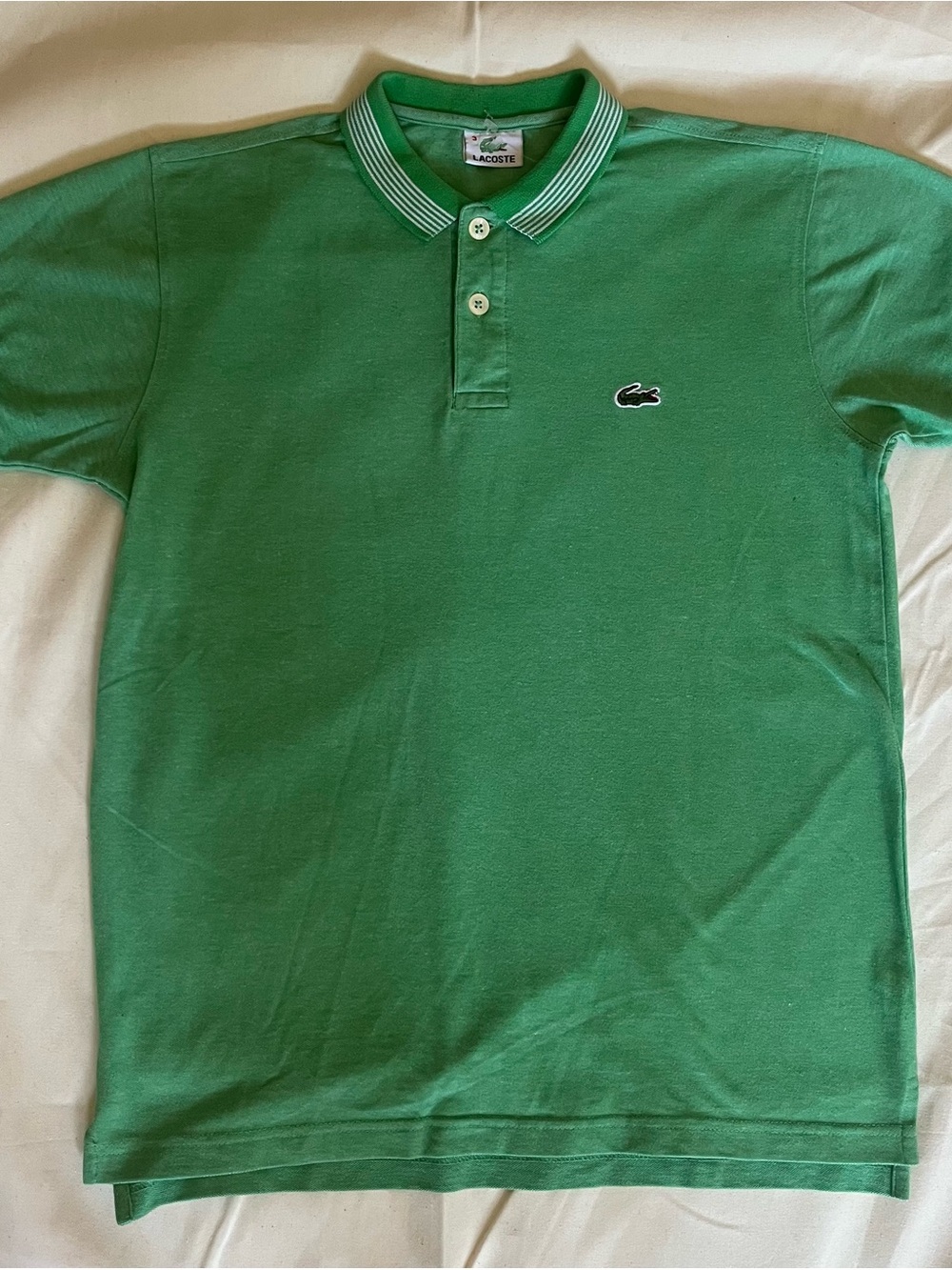 Lacoste Bright Green Polo with Striped Collar. Size 3